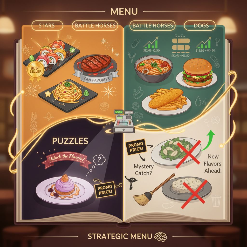 Illustrazione di un menu ristorante suddiviso in quattro sezioni: Stelle con piatti best seller evidenziati, Cavalli di Battaglia con ottimizzazione di prezzo e ingredienti, Rompicapo ad alto margine valorizzati da naming, foto professionali e promozioni, Cani poco ordinati e a basso margine messi da parte; approccio dinamico al menu engineering per massimizzare il profitto e semplificare le scelte del cliente