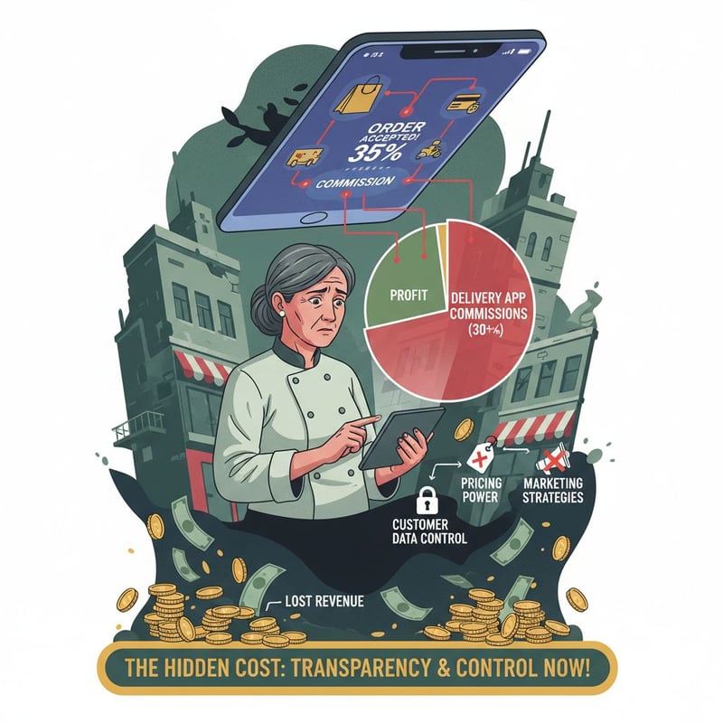 Illustrazione per blog: ristoratore preoccupato osserva un grafico a torta con margini in calo; pile di contanti indicano ricavi persi in commissioni; interfaccia di app di delivery incombe dall’alto; palette verde/rosso a simbolo di profitto e perdita; urgenza di maggiore trasparenza e controllo su dati clienti, prezzi e marketing.