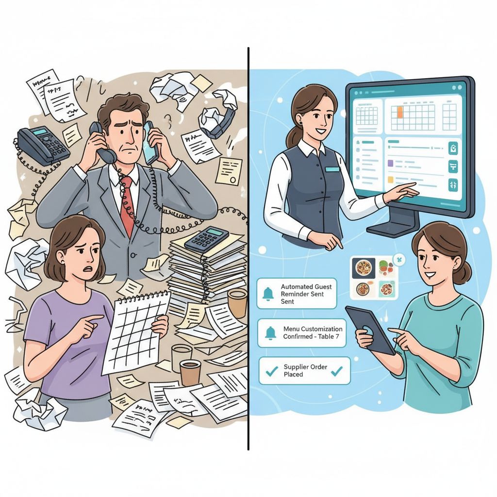 Illustrazione digitale a scena divisa sulla gestione eventi in ristorante: a sinistra caos tradizionale (telefonate, fogli, cliente confuso); a destra processo digitale con dashboard, notifiche e menu online.