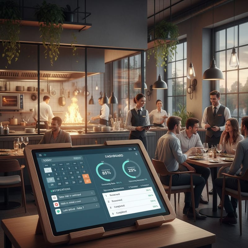 Interno di ristorante moderno con tablet che mostra un sistema di prenotazioni (calendario, notifiche e dashboard degli stati); clienti diversi in sala, staff che gestisce i tavoli, luce calda; la tecnologia organizza il flusso rispetto ai metodi tradizionali.