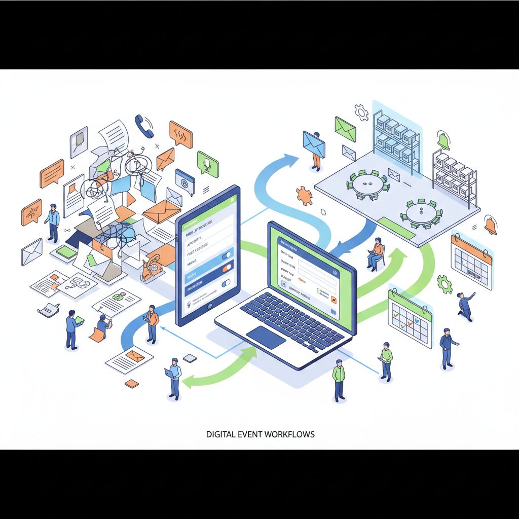 Illustrazione isometrica: caos di moduli cartacei → tablet/laptop con template di menu evento, prezzi basic/premium/kids e form guidato → integrazione operativa con planimetria sala, magazzino, calendario e automazioni.