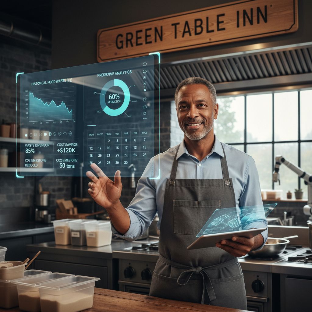 Professionista di mezza età con grembiule in un ristorante, circondato da strumenti digitali: schermo con KPI, grafici storici e predictive analytics, calendario con icone meteo; simbolo di riduzione dello spreco e passaggio all’efficienza.