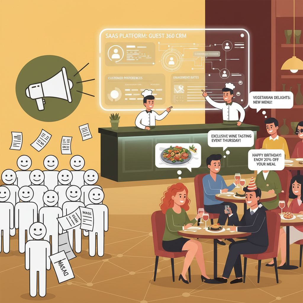 Illustrazione: dal mass marketing al marketing personalizzato in un SaaS per ristoranti; clienti diversi con messaggi su misura, schermi con analytics e preferenze CRM.