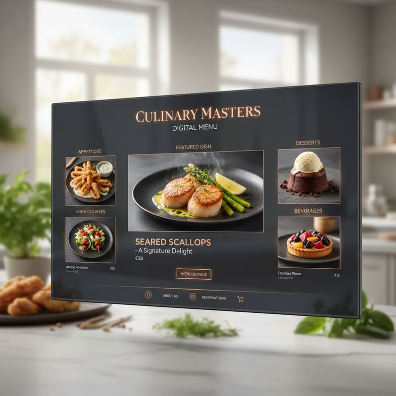 Menu digitale elegante: piatti gourmet in luce naturale, layout pulito e coerente, immagini professionali da più angolazioni e sezione ‘piatto in evidenza’ che guida lo sguardo e stimola l’appetito.
