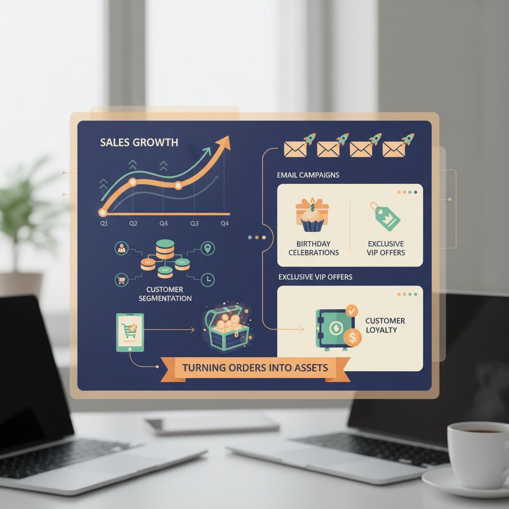 Dashboard digitale di un CRM integrato per business online con visualizzazioni dati: grafici di crescita vendite, simbolo database per segmentazione clienti e icone di campagne email; palette calda che ispira fiducia; richiami a compleanni, offerte VIP e trasformazione degli ordini in asset aziendali.