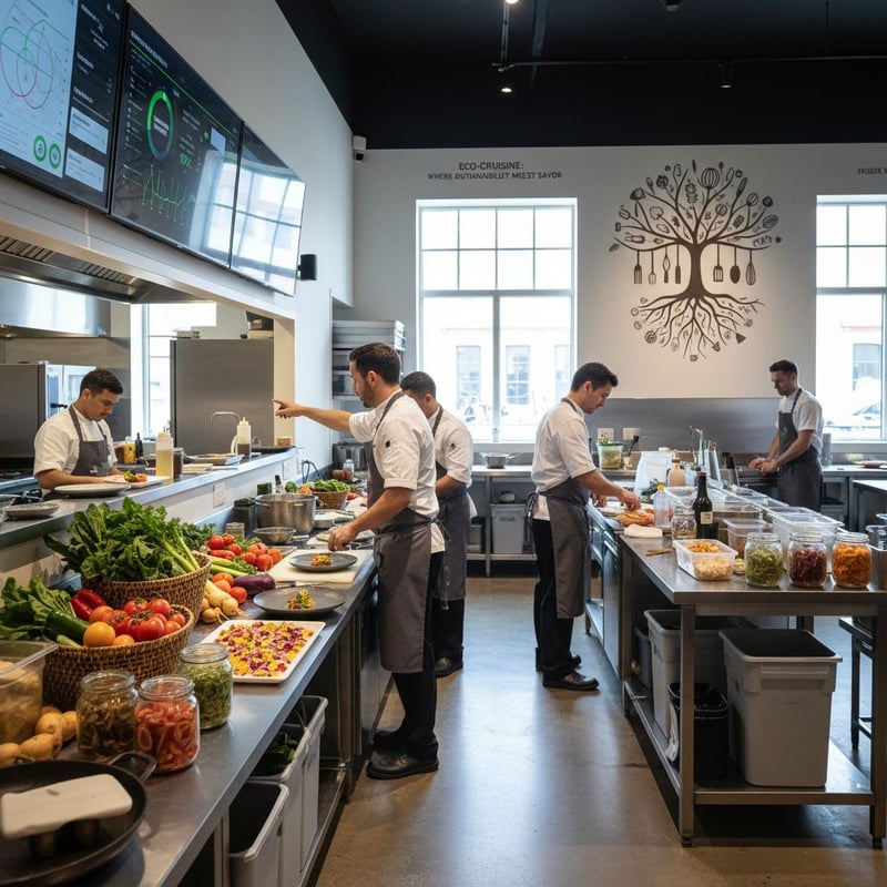 Cucina professionale moderna con brigata all’opera per ridurre lo spreco alimentare: schermi digitali con dati di inventario e consumi, ingredienti freschi, riuso creativo degli scarti, atmosfera efficiente ed eco‑friendly orientata a migliorare margini e sostenibilità.