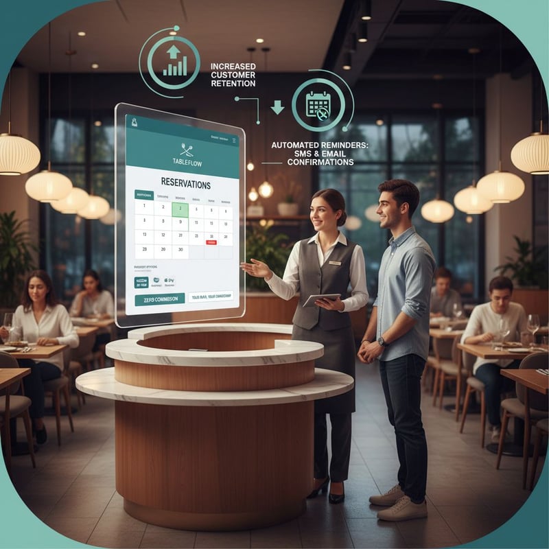 Interfaccia di prenotazione ristorante: calendario, pagamenti con carta, Apple Pay e Google Pay, reminder automatici; staff con cliente; zero commissioni e proprietà dei dati, meno no-show.