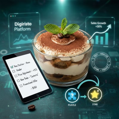 Foto ravvicinata e luminosa di un Tiramisù al centro; attorno checklist “New Position” e “New Badge”, grafici di crescita e frecce da “Puzzle” a “Star” su interfaccia digitale Digiristo.