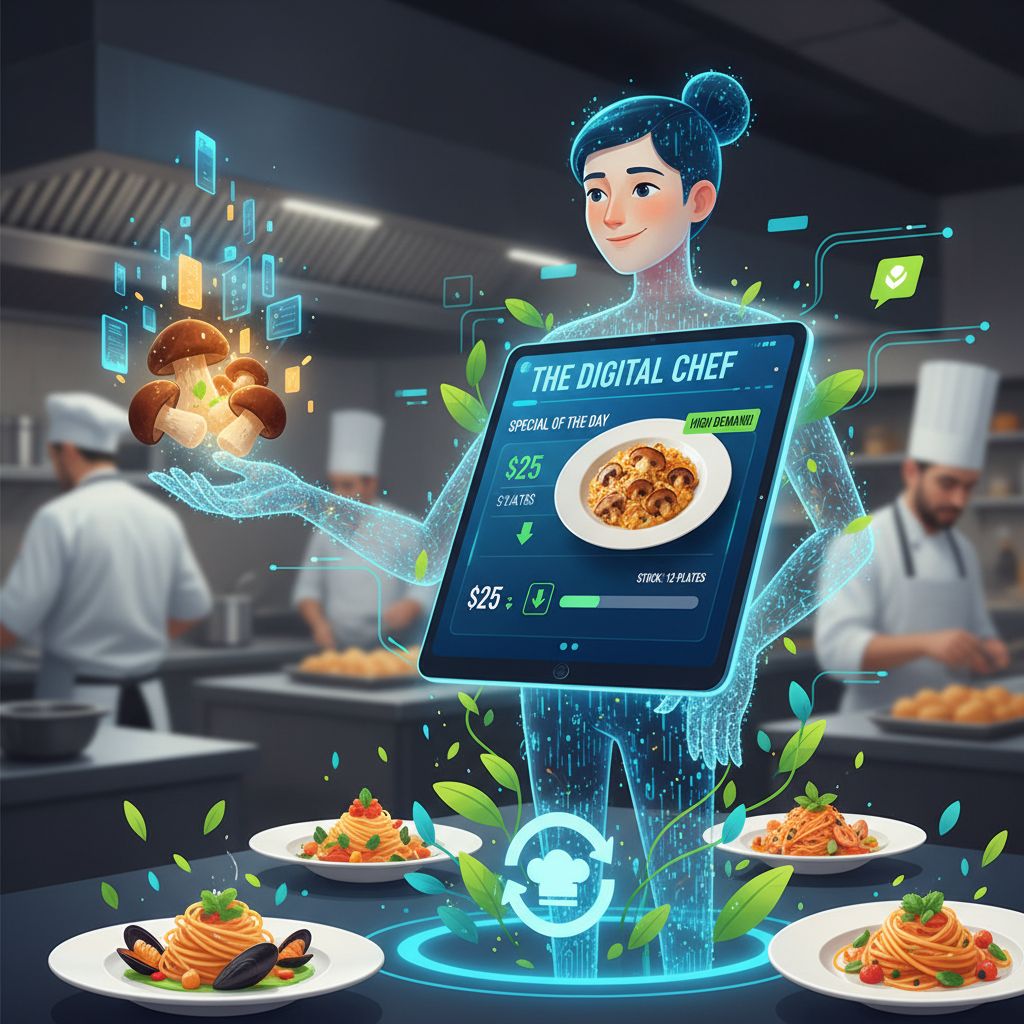 Illustrazione di un personaggio che rappresenta il menu digitale: tablet con Special del Giorno, pricing dinamico e inventario in tempo reale; riduzione sprechi (icona riciclo) e piatti rigogliosi in un ristorante.
