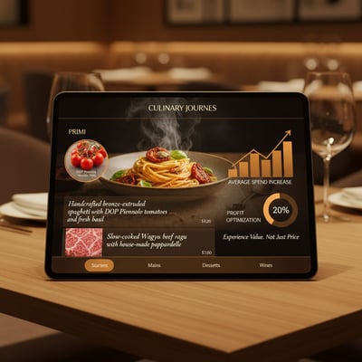Menu digitale ottimizzato con principi psicologici: descrizioni evocative (es. spaghetti trafilati al bronzo con Piennolo DOP), ingredienti e origine in evidenza, grafici di analytics sull’aumento dei profitti, layout moderno e caldo orientato al valore