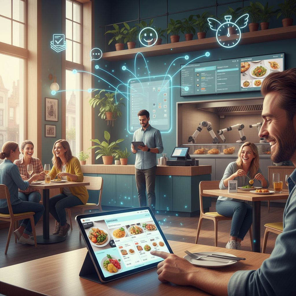 Ristorante moderno con menu digitale su tablet; un addetto gestisce da un’unica interfaccia prenotazioni e ordini online; clienti felici: semplicità ed efficienza della trasformazione digitale.