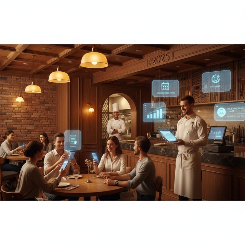 Ristorante italiano moderno: clienti scansionano QR per il menu, cameriere con tablet per prenotazioni, POS e analytics