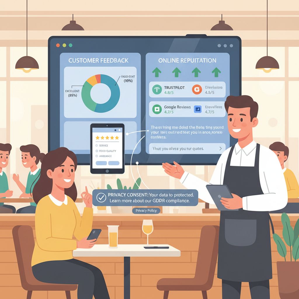 Illustrazione di un ristorante moderno con tablet che mostra un CRM e sondaggi di feedback; un responsabile dialoga con una cliente soddisfatta; banner di consenso privacy per conformità GDPR in un'atmosfera di fiducia e trasparenza