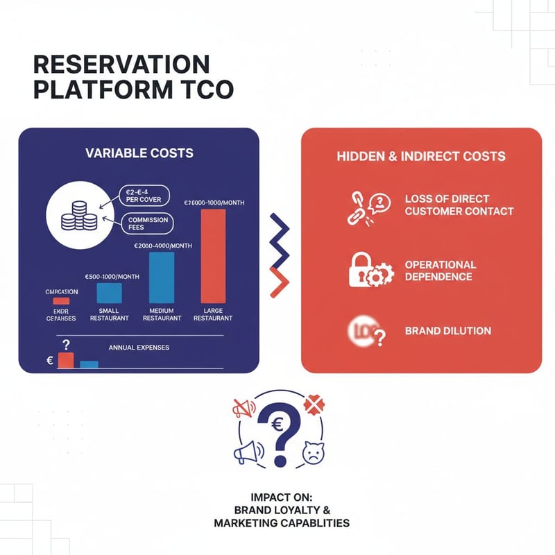 Infografica TCO per ristoranti che usano piattaforme di prenotazione: commissioni 2–4€ a coperto, impatto su piccoli/medi/grandi locali, perdita contatto diretto, dipendenza operativa, diluizione brand; grafici e icone evidenziano spese mensili/annuali, fedeltà e capacità di marketing.