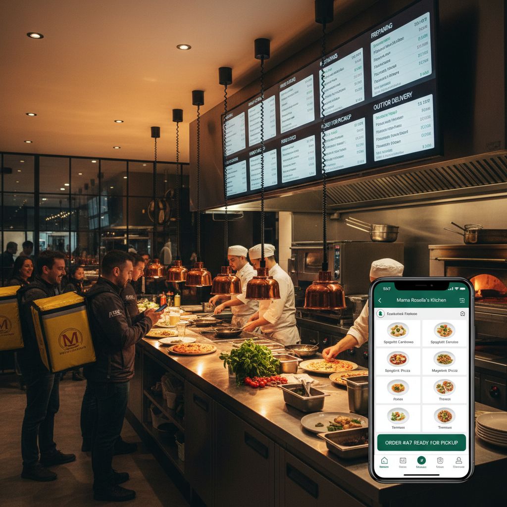 Cucina di ristorante italiano moderno con chef, schermo ordini in tempo reale, interfaccia app e rider pronti al ritiro: tecnologia ed efficienza nel food delivery