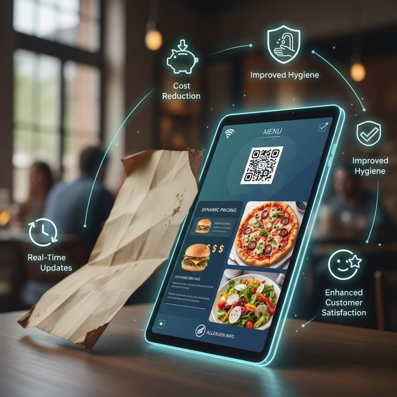 Illustrazione di un ristorante che sostituisce il menu cartaceo con un menu digitale via QR code: costi ridotti, migliore igiene, aggiornamenti in tempo reale, immagini dei piatti, prezzi dinamici e info allergeni.