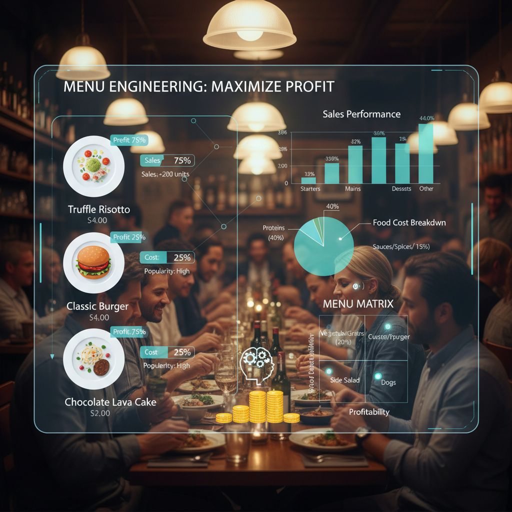 Ristorante affollato con menu digitale e dashboard di Menu Engineering: grafici vendite, food cost e redditività dei piatti (popolari vs sotto-performanti).