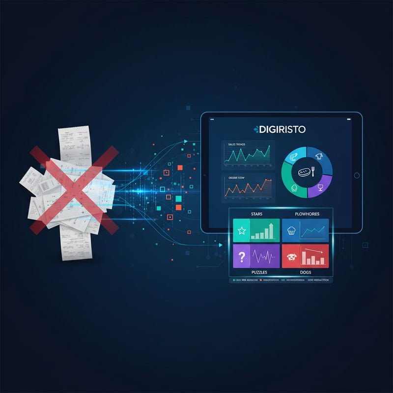 Infografica che illustra la trasformazione da scontrini e comande cartacee a un dashboard digitale Digiristo con grafici, matrice Menu Engineering (Stars, Plowhorses, Puzzles, Dogs) e icone di Antipasti, Primi, Dolci e Beverage per analisi e ottimizzazione in tempo reale