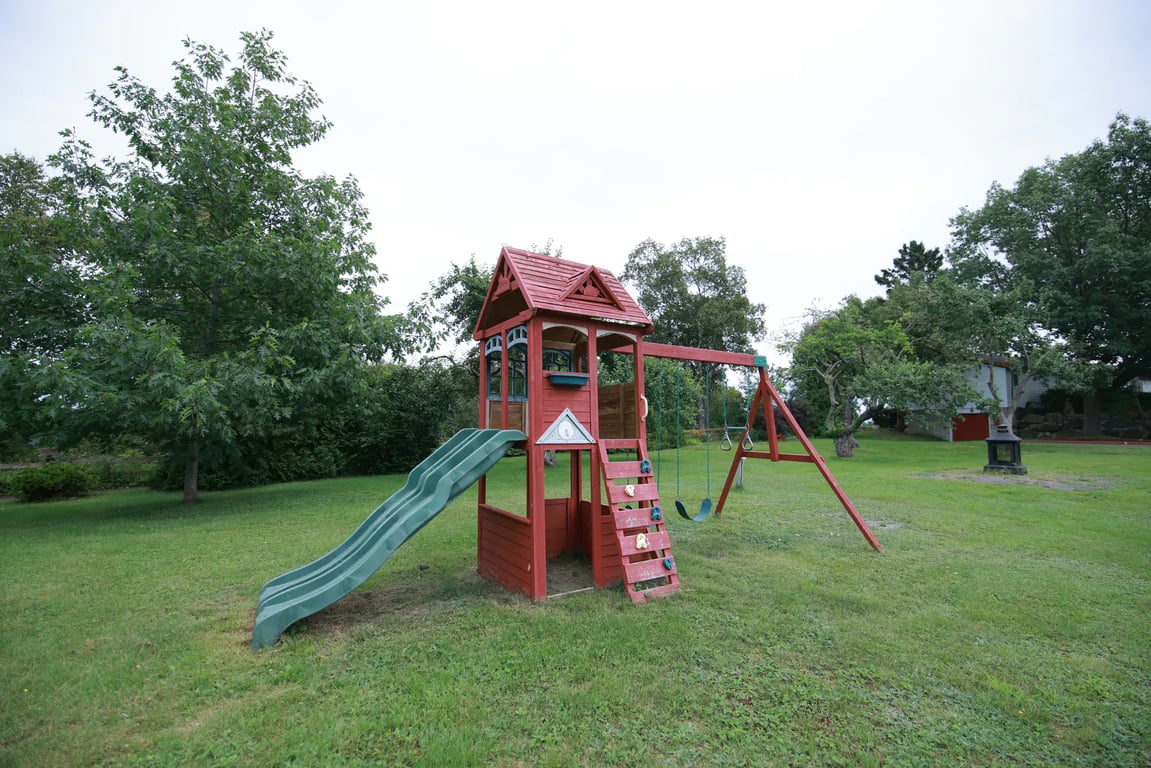 Module de jeux en bois avec glissade, mur d’escalade et balançoires sur la pelouse