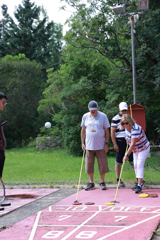 Des personnes jouent au jeu de palets américain sur une piste extérieure entourée de verdure