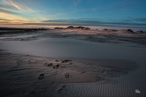 Fodspor på Råbjerg mile i Skagen en smuk sommeraften fra klee-fotokunst.dk