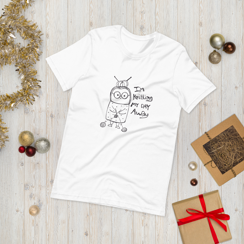 T-shirt: Im knitting my day away Hvid Medium - billede 3