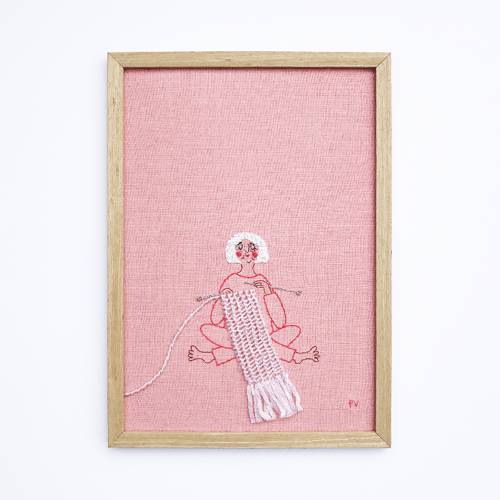 Rosa hjemmestrik – hvidt hår – broderi 21 x 30 cm fra Pi Vielsted