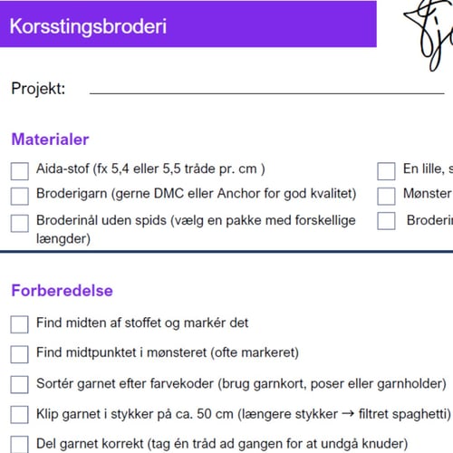 Tjekliste til korsstingsbroderi fra Broderibiksen