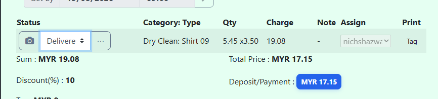 An item row on a Delivered bill: the shelf reads Delivered, and the shelf control plus the Assign column can no longer be changed at this stage.