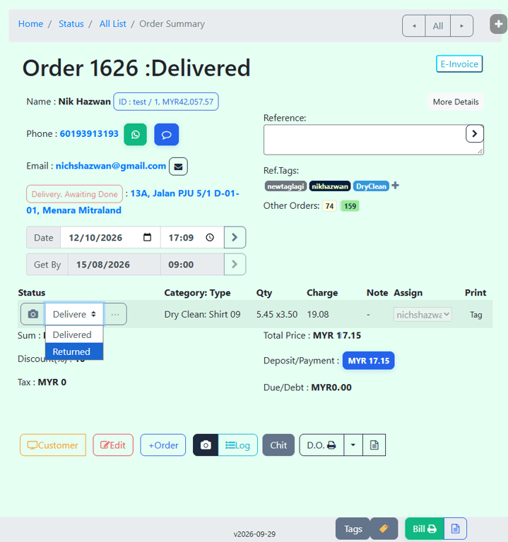The shelf dropdown on a Delivered bill — only Returned is offered, because a return has to happen after the goods were handed over.