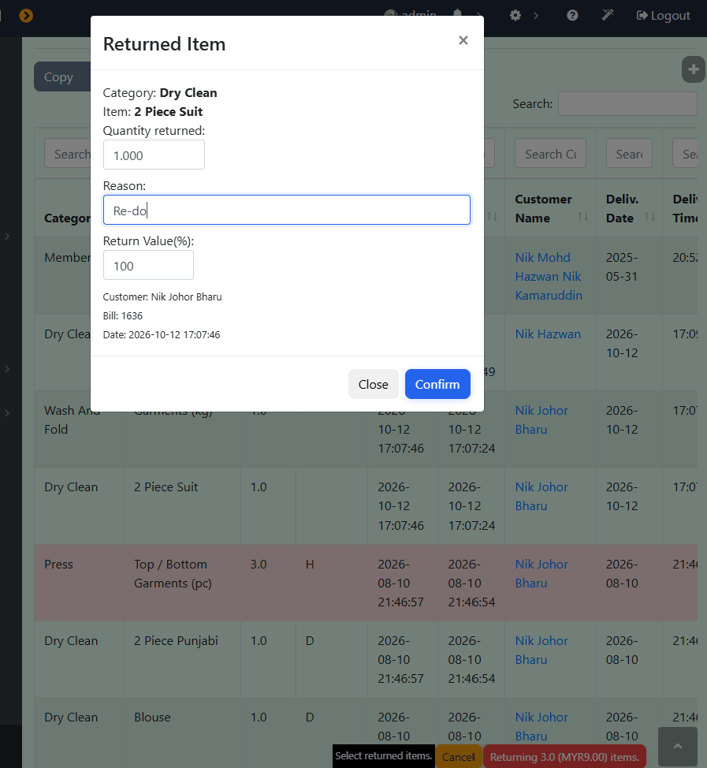 The return dialog on the Delivered Items page — pick the item, quantity, reason and the percentage of value to return.