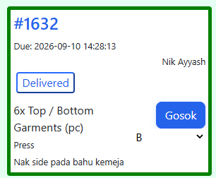 A job card at Stations. The Done button appears first; Delivered follows once the bill status becomes Done.