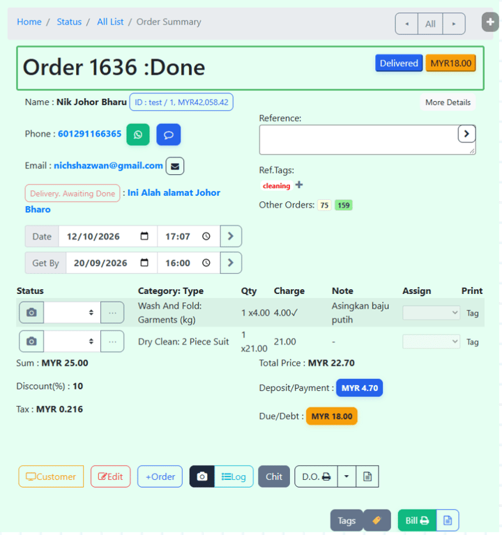 Done — green border once the work is finished. Only the Delivered button remains.