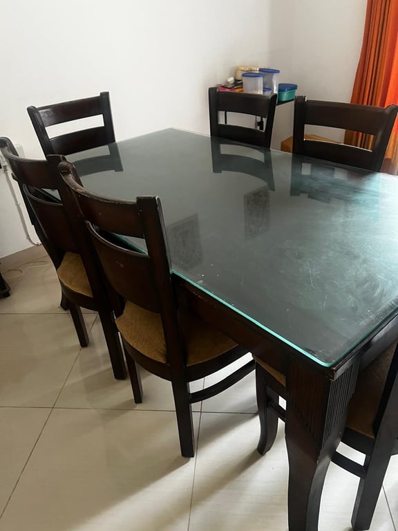 6-Seater Glass Top Wooden Dining Table Set with Cushioned Chairs