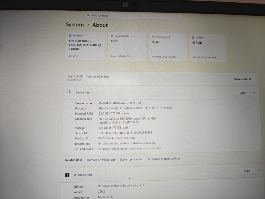 Dell G15 5511 Gaming Laptop (Intel Core i5-11th Gen, RTX 3050 4GB, 8GB RAM, 512GB SSD)