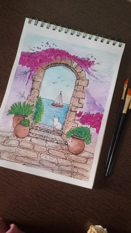Handmade Watercolour & Ink Painting - Mediterranean Arch & Sea View, photo 2