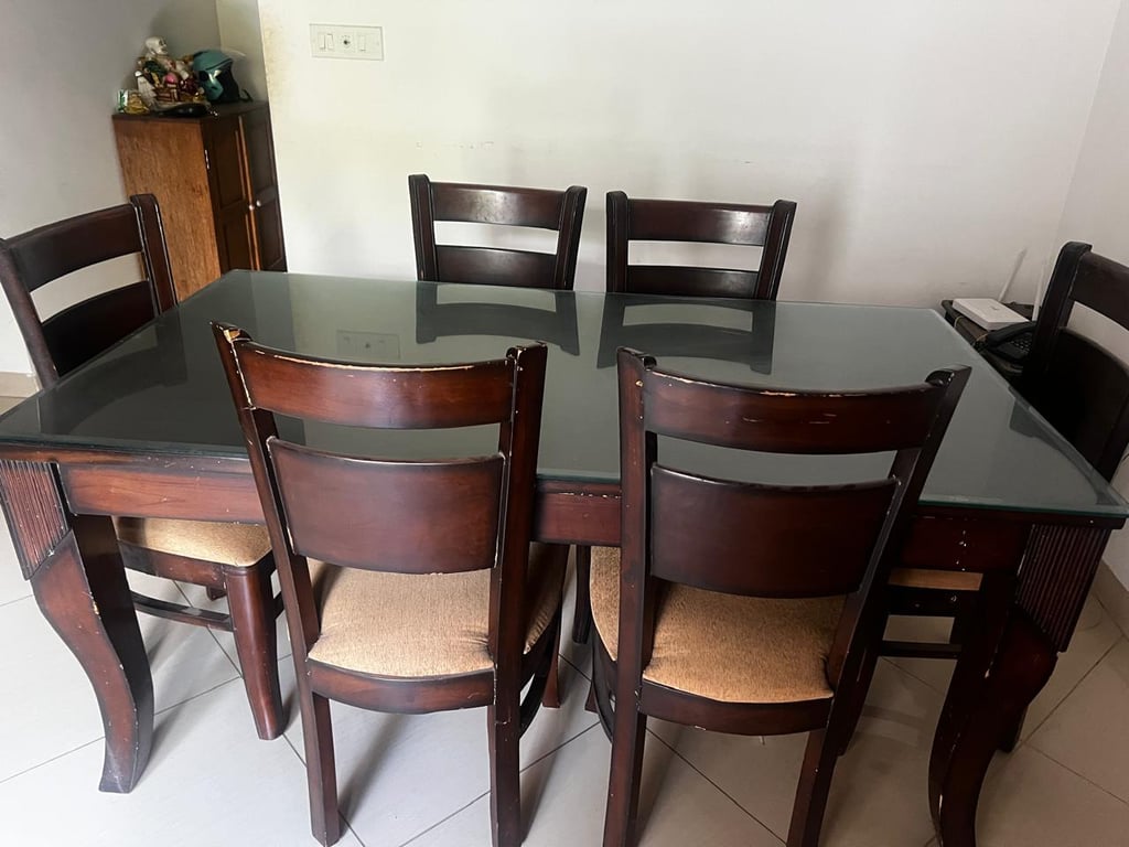 6-Seater Glass Top Wooden Dining Table Set with Cushioned Chairs, photo 4