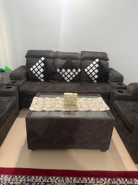 5-Seater Fabric Sofa Set (3+1+1) with Adjustable Headrests, Cup Holders and Matching Glass-Top Centre Table, Brown
