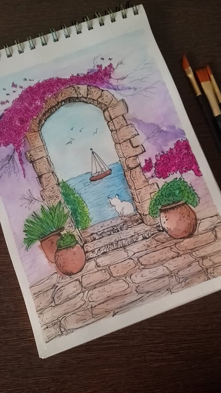 Handmade Watercolour & Ink Painting - Mediterranean Arch & Sea View, photo 5