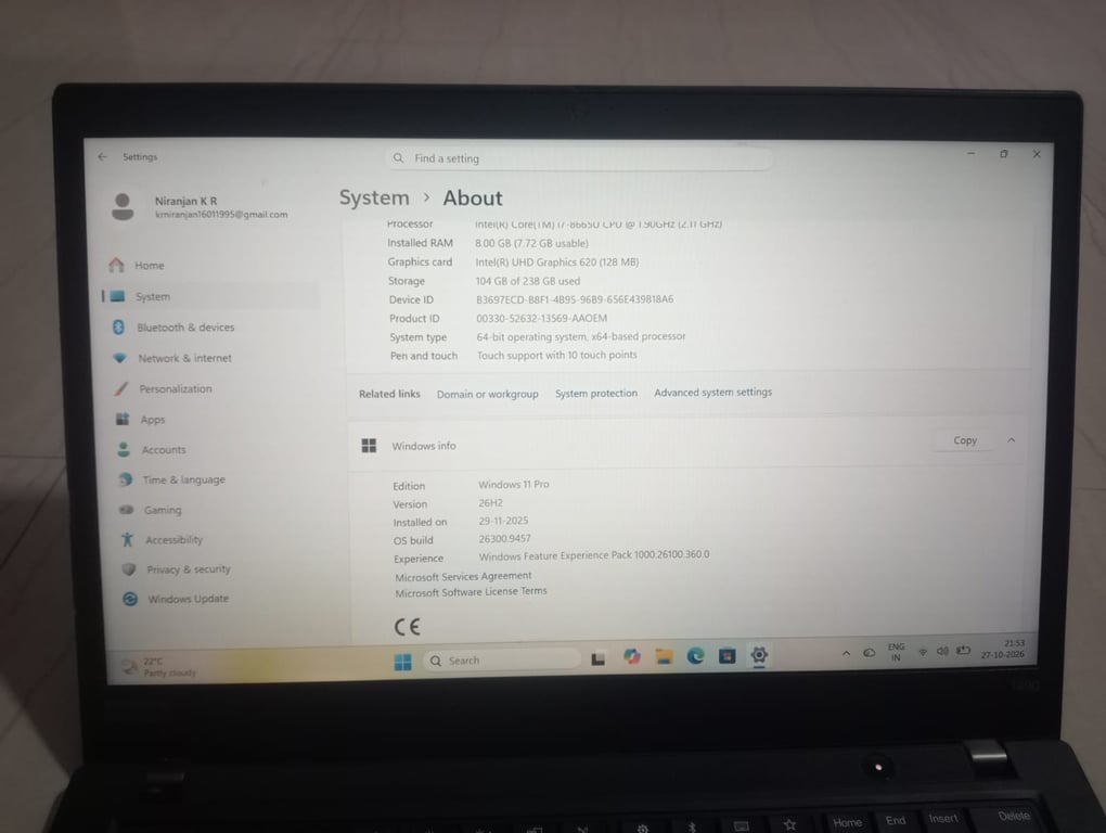 Lenovo ThinkPad T490 14-inch Touchscreen Intel Core i7-8665U 8GB/256GB SSD