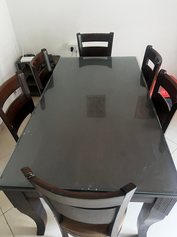 6-Seater Glass Top Wooden Dining Table Set with Cushioned Chairs, photo 2
