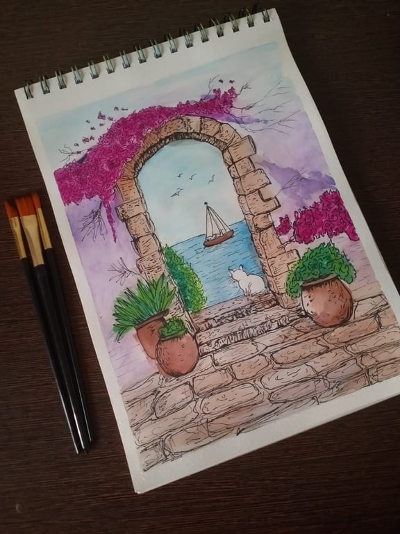 Original Watercolor and Ink Painting - Coastal Archway Landscape