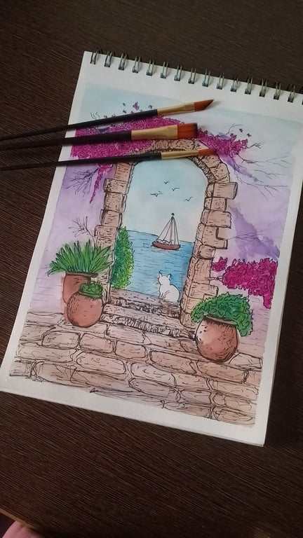 Handmade Watercolour & Ink Painting - Mediterranean Arch & Sea View, photo 3