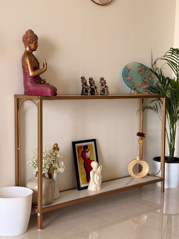 Gold Metal Frame 2-Tier Console Table with White Marble-Finish Top and Shelf