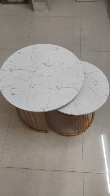 Round Nesting Coffee Table Set of 2 (Faux Marble Top, Gold Metal Base)
