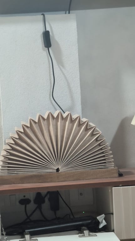 Pleated Accordion Fan Table Lamp with Wooden Base