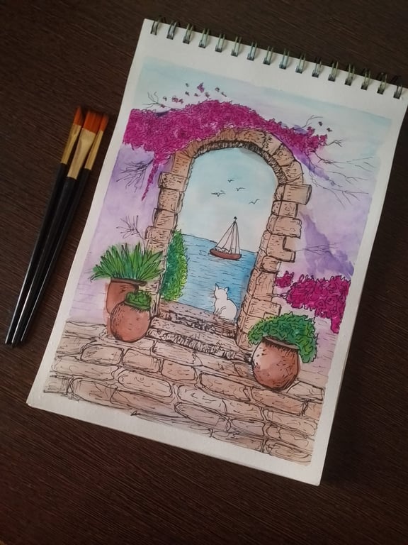 Handmade Watercolour & Ink Painting - Mediterranean Arch & Sea View