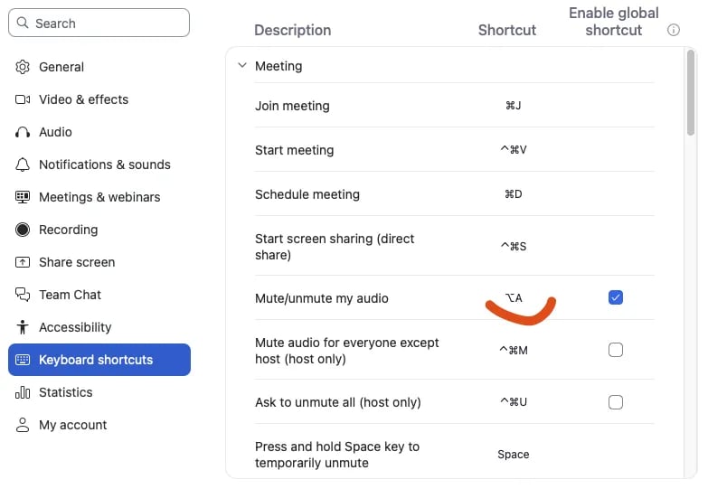 Zoom global keyboard shortcuts 2