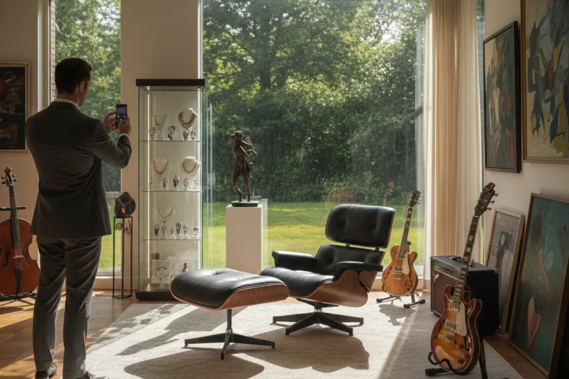 Estate inventory process with boxes and collectibles awaiting cataloging