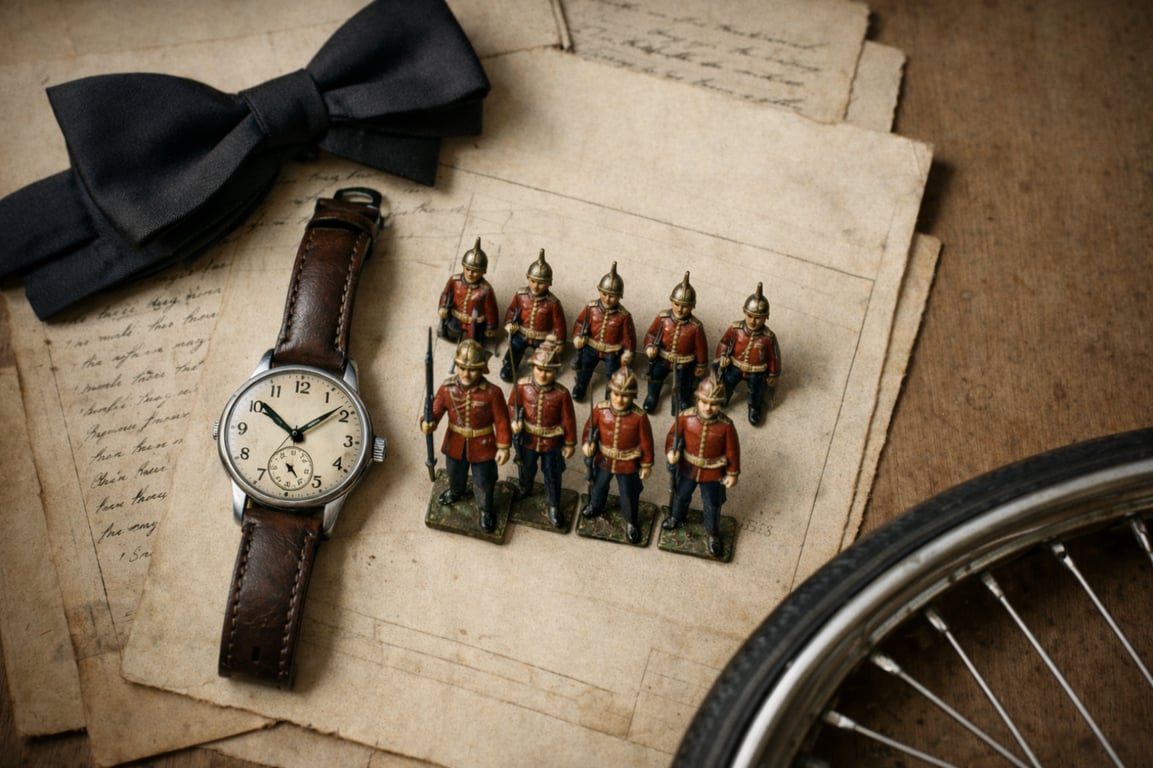 Vintage wristwatch, antique toy soldiers, and formal attire arranged on aged legal documents—personal effects of the kind that become contested in estate disputes